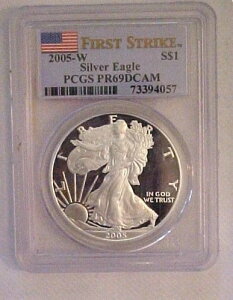 �t�@�[�X�g�X�g���C�N 2005 W PCGS PR69 DCAM �v���[�t �V���o�[ �C�[�O�� �t���b�O ���x��