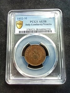 �C�^���A : �����o���f�B�A�B �x�l�`�A : 5 Centesimi 1852 M ; PCGSAU58