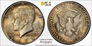 USA 1964 JFK 1/2�h��-�P�l�f�B�V���o�[�R�C��-PCGS �S�[���h�V�[���h-MS64-�g�[��-