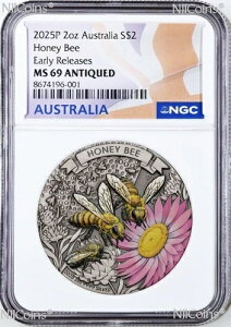 2025�N Honey Bee �A���e�B�[�N 2�I���X�J���[ .9999 �V���o�[ $2 �R�C�� NGC MS69 ER-