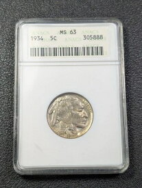 1934 年製バッファローニッケル ANACS MS63 オールドソープボックス! - 送料無料!