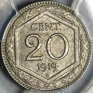 1919�N PCGS MS 63 �C�^���A 20 Centesimi Overstruck KM 28 �R�C�� POP 1/2 (24081803C)