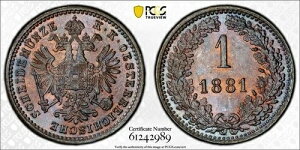 1881�N �I�[�X�g���A 1�N���[�U�[ PCGS MS65BN ���b�g #G1330 ��iBU! �������g�[�j���O!-