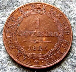 �s�G�����e - �T���f�[�j������ �C�^���A���B CARLO FELICE 1826 1 CENTESIMO, COPPER