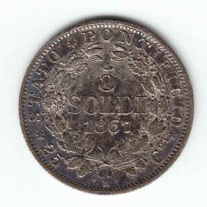 ���c�� 5 soldi = 25 c 1867-XXIIB KM1375 Ag Pius IX ���i�� �g�[�� ��