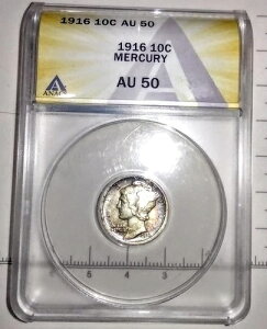 ���N�xMerc-Toner1916 P Mercury Dime 10c - ANACS GRADE AU50 -