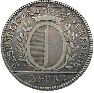 �R�C���ASWISS CANTONS�ALUZERN�A20 Batzen�A1795�A���c�F�����A�V���o�[ SUPERB #707