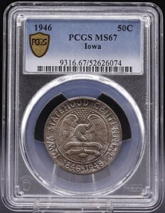 1946�N �A�C�I���B���{�s100���N�L�O�n�[�t PCGS MS67 ? �I���W�i���̎΂߃^�u�g�[��