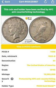 1922-D 1�h����݃s�[�X�_���[ PCGS XF45 ?????? �f���o�[������ ?? �N�ȏ�o��