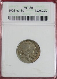 1925-S バッファローニッケル ANACS VF20 *古いソープボックススラブ*