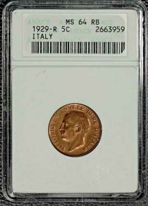 �C�^���A 5 centesimi�A1929R�AMS 64 RB�A���B���e�[�W ANACS �z���_�[