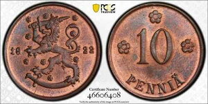 1922�N �t�B�������h 10�y���X PCGS MS64 RB �Ԓ��F ���ɖ��͓I�ȃR�C�� 2825