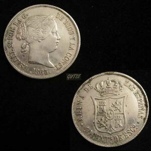 �X�y�C���A600-ISABEL II�A40 CENTIMOS ESCUDO 1865�A�}�h���b�h�A�V���o�[�AXF�B