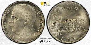 �C�^���A 1925-R 50 Centesimi PCGS MS62 ���[�} �v���[���G�b�W�R�C�� �j�b�P�� KM-61.1 BU Unc