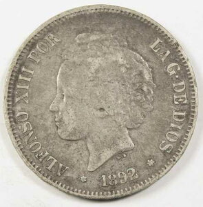 1892 (92) �X�y�C�� PG-M 5 PESETAS ��� VF+ KM# 700 �A���t�H���\ 13 ��