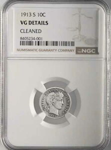 1913-S 10�Z���g �o�[�o�[ �V���o�[ �_�C�� �T���t�����V�X�R NGC VG �ڍׁu�N���[�j���O�ς݁v 8405234-001