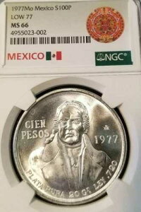1977�N ���L�V�R �V���o�[ CIEN PESOS S100P LOW 77 �o���G�e�B NGC MS 66 �t���X�e�B �W�F�� BU !