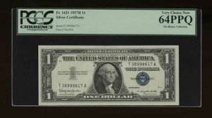 DBR $1 1957-B �V���o�[ 1621�N���� TA �u���b�N PCGS 64 PPQ �V���A�� T38998617A
