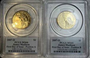 2007 D �W�F�[���Y�E�}�f�B�\�� 1�h�� PCGS�F�� FDO MS66 �|�W�V����A & B 2���Z�b�g