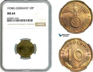 AK746�A�h�C�c�A��O�鍑�A10 Reichspfennig 1938 G�A�J�[���X���[�G�����ǁANGC MS64