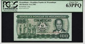 130a 1983 ���U���r�[�N 100 METICAIS E. MONDLANE PCGS 63 PPQ CHOICE �V�i!