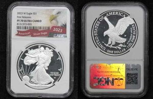 2023-W �v���[�t �A�����J�� �V���o�[ �C�[�O�� $1 NGC �t�@�[�X�g�����[�X PF 70 �E���g�� �J���I 58RA