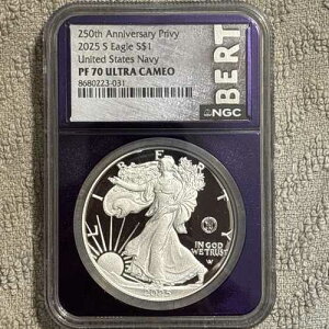 2025-S �v���[�t $1 Ase �C�[�O�� �l�C�r�[ �v���r�[ NGC PF70UC �p�[�v���R�A 250th