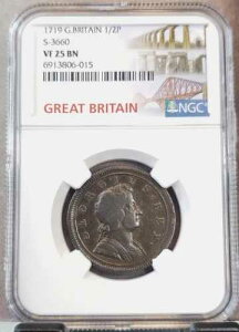 1719�N �C�M���X 1/2�y�j�[ �L���O�W���[�W1�� S-3660 NGC VF 25 BN �󏭃R�C��