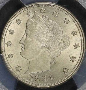 1894�N ���o�e�B V �j�b�P�� PCGS MS 61 �_�炩���A�킸���ɃO���[���������u���b�V���h�j�b�P���\��