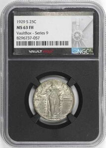 1929-S �X�^���f�B���O�E���o�e�B�E�N�H�[�^�[ 25�Z���g NGC MS63 FH �t���w�b�h - VaultBox [BN057]