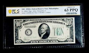 FR. 2006-C $10 1934-A �A�M������s�� �t�B���f���t�B�A PCGS Choice UNC 63PPQ