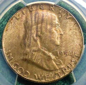 1954�N PCGS MS65 �t�����N�����V���o�[�n�[�t�h�� �^�C�K�[�X�g���C�v �t�����g�A�q���E�X�|�b�g Rev