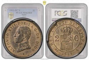 �X�y�C���A�A���t�H���\13���A2�Z���e�B���X�A1911�N PC-V�APCGS MS 63 RB