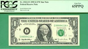 ** ���[�V���A�� �X�^�[�m�[�g I00004118* 1995 $1 FRN ** PCGS GEM 65 PPQ * �~�l�A�|���X