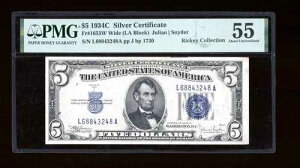 DBR $5 1934-C �V���o�[ Fr. 1653W LA�u���b�N ���C�h�t�F�C�X PMG 55 �V���A�� L68843248A