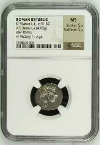 �I���O91�N ���[�}���a�� D.Silanus L.f.�AAR Denarius NGC MS �Ŗ�5/5 �\��5/5