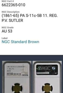 1861-65�N�A11 Reg P.V. SUTLER TOKEN PA S-11c-5B�BNGC AU 53�B���Ђ�CB1204