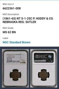 1861-65�N ��1�l�u���X�J�A�� 25�Z���g �T�g���[ �g�[�N�� P. �z�f�B NGC MS62 BN CB1194