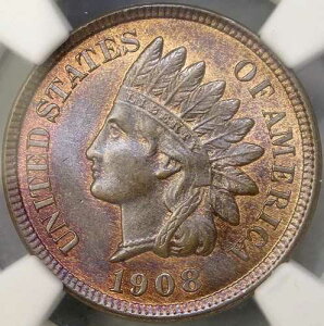 1908�N�C���f�B�A���w�b�h �Z���g/�y�j�[ �󏭃g�b�v���[�|�b�v 4/0 NGC MS 66+ RB �ō����R�C��