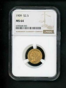1909�N US $2.50 �C���h�S�[���h NGC MS 64 UNC �I���W�i���\�� / �ΐ��Ȃ� ���