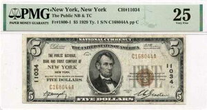 1929 Ty.1 $5 �p�u���b�N NB & TC of New York NY CH#11034 PMG VF25