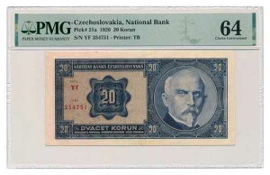 Banconota CECOSLOVACCHIA 20 corone 1926 PMG MS 64 non circolata a scelta