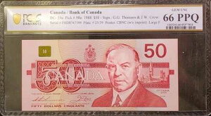 1988�N $50 BC59a �e�B�[�Z��/�N���E #FHD8747599 PCGS GEM 66 PPQ LARGE 'F'