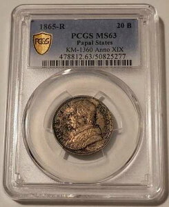 �C�^���A ���c�� �s�E�X9�� 1865 R �V���o�[ 20 �o�C�I�b�L �I��19�N MS63 PCGS �g�[��