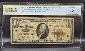 1929�N 10�h���A�M������s�� �j���[���[�N Fr#1860-B PCGS Choice Fine 15