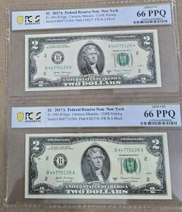 $2 2017A FRN �j���[���[�N 2���Z�b�g Gem Unc PCGS 66 PPQ �A��2�y�A �f�W�^��