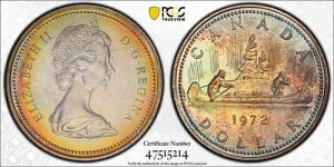C087 ���ꂢ�ɐF����������ꂽ 1972 �N�J�i�_ PCGS SP67 Voyageur Ag ��݁B