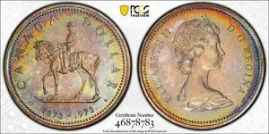 C097 �J�i�_ 1973 �N �V���o�[ �_���[ R.C.M.P. �Z���e�j�A�� KM-83 PCGS SP67 ���ꂢ�ȐF���ł��B