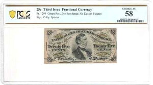 1863�N 25�Z���g ��3�񔭍s�����ʉ� PCGS AU58 FR. 1294 �I�[�o�[�v�����gDis
