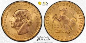 1923 �N �h�C�c �E�F�X�g�t�@���A 10,000 �}�[�N �m�b�g�Q���h PCGS MS64 �C�F�[�K�[ N20b �g���o�N - TrueV